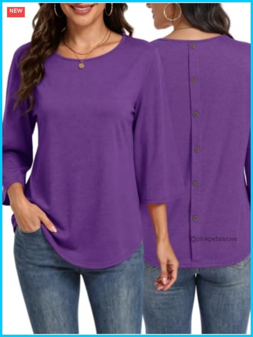 Womens 3/4 Sleeve Crew Neck Back Button Blouse Tunic Top Casual Fall Shirt